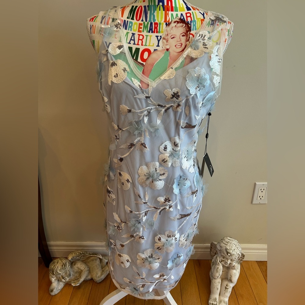 NWT Adrianna Papell Floral Embroidered Dress in Blue and White